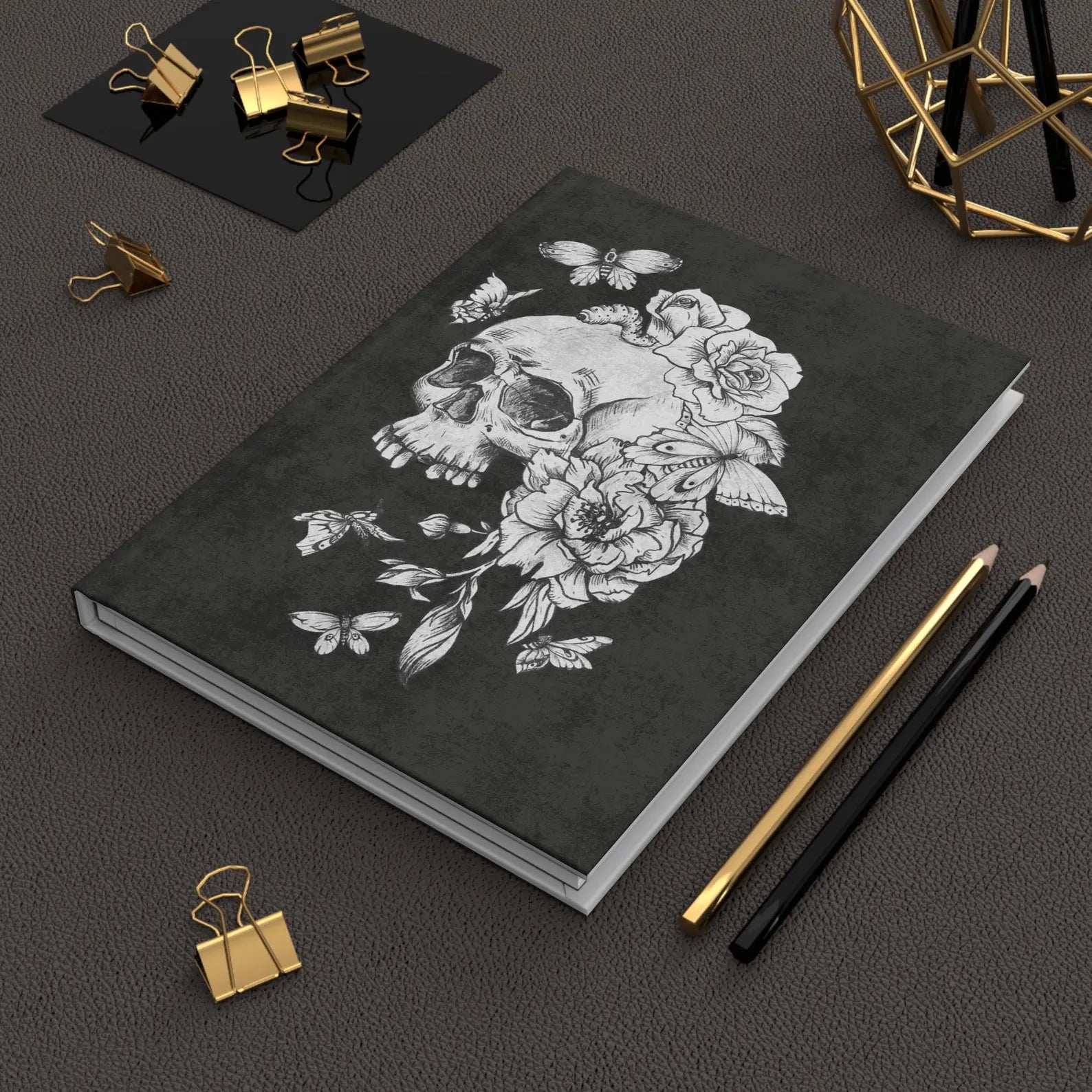black and white skull and roses journal